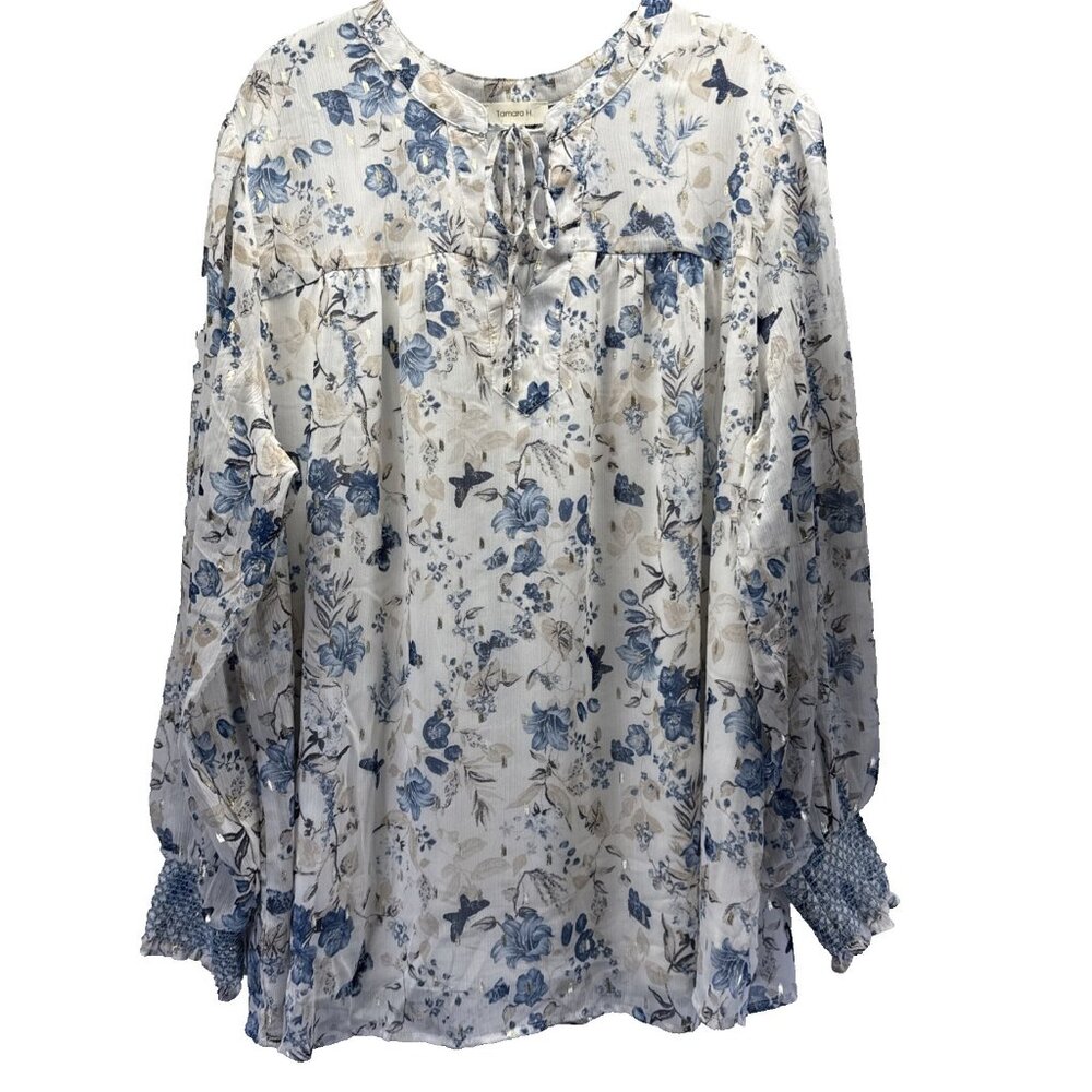 Tamara H Women's Top Blouse Sz 2X Blue White Butterfly Floral Lined Smocked Cuff